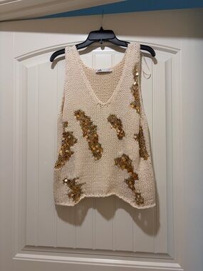 Zara Cream Knit Tank with Gold Sequin Embellishments
